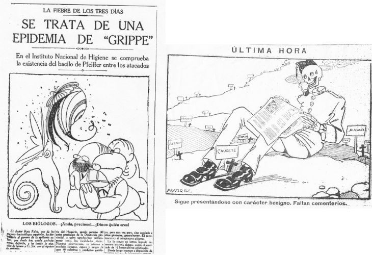 A la izquierda de la imagen se ve un artículo de la gripe española de la época, y también, a la derecha se ve una viñeta humorística haciendo referencia al soldado de nápoles