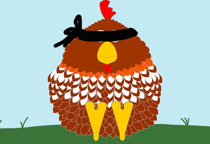 En la imagen se ve la ilustración de una gallina con los ojos vendados