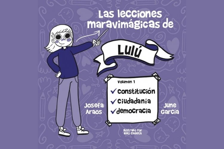 Se ve la portada del libro "Las lecciones maravimágicas de Lulú", enseñando cosas como cuidadanía y democracia; en tonos morados. 