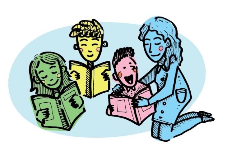 ilustración docente y estudiantes con libros