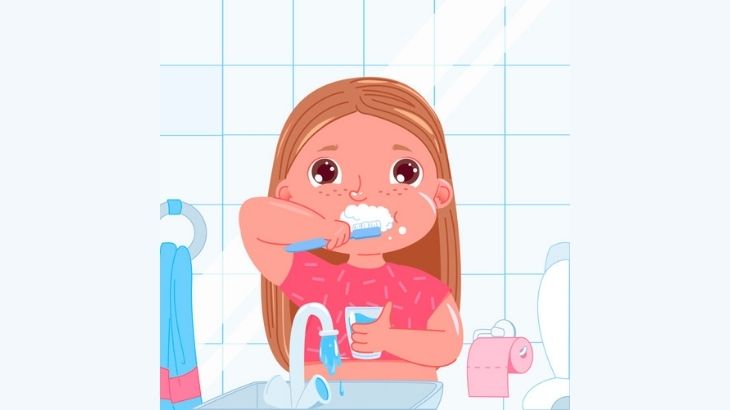 Niña que se lava los dientes desperdiciando agua