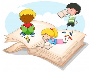 Ilustración Tres niñas y niños leyendo