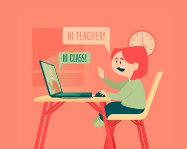 Imagen de un alumno saludando a su profesora mediante una clase en línea