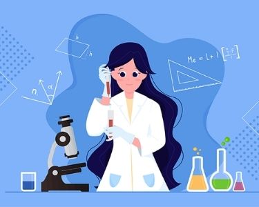 Ilustración de una niña experimentando en un laboratorio con distintas reacciones químicas, muy interesada en la ciencia