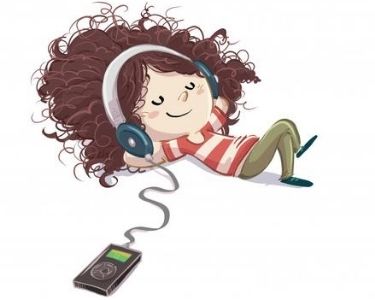 Ilustracion de una niña relajada y concentrada escuchando podcast