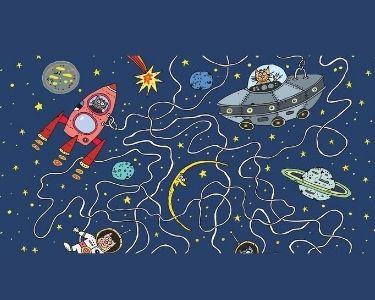 Ilustación de muchos gatos en naves espaciales, junto a muchas estrellas y cuerpos celestes.