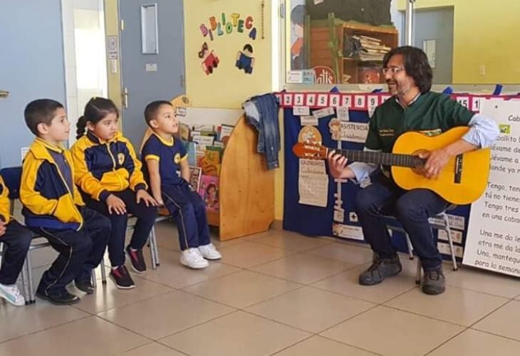 Juan Manuel junto a sus estudiantes tocando la guitarra