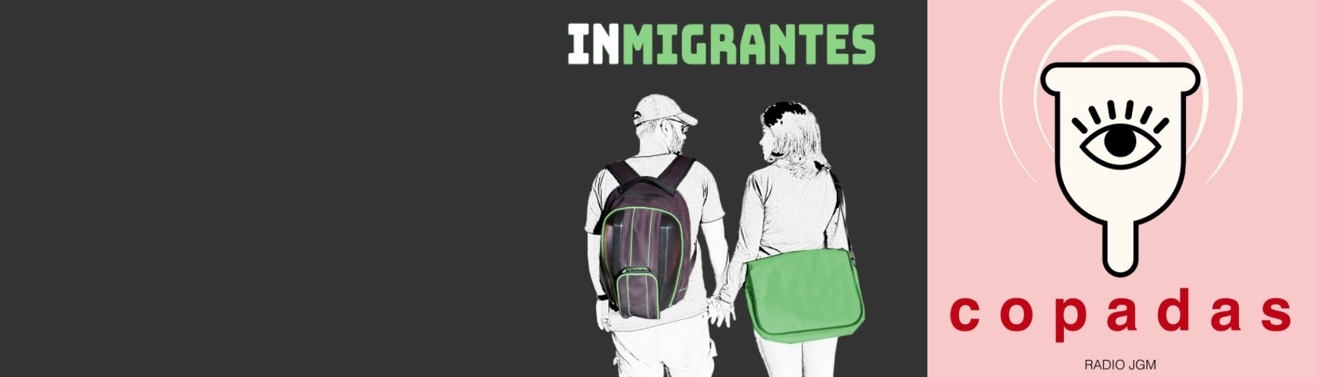 en la foto izquierda está el logo de migrantes, una mujer y un hombre. En la fotografía de la derecha aparece una copa menstrual ilustrada con un ojo en medio y en tonos rosados pasteles