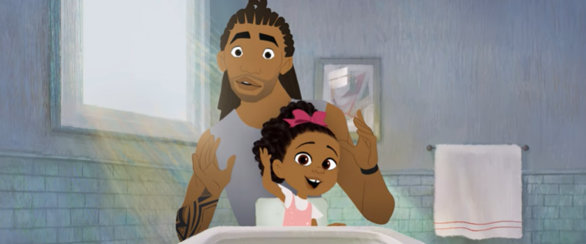 Un padre sorprendido porque logró hacer el peinado y si hija está feliz e impresionada mirándose al espejo