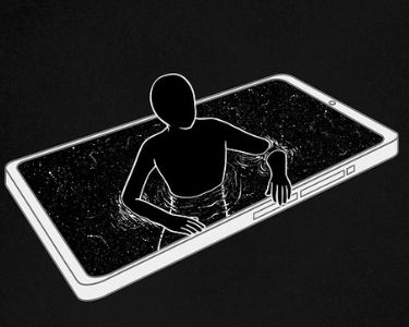 Ilustración de una persona saliendo por la pantalla de un celular