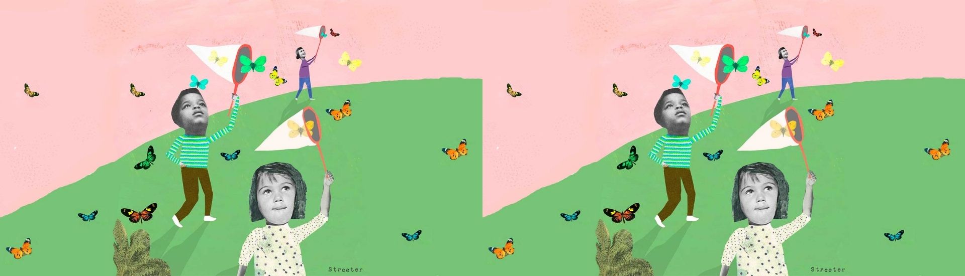 Ilustración de niños_as cazando mariposas