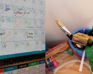 Calendario y tarro de pinceles con pintura