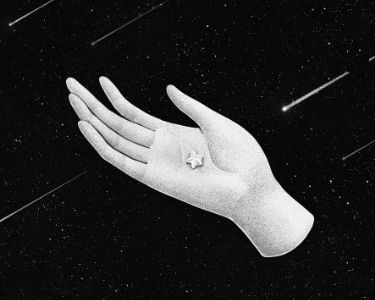 Ilustración de una mano sosteniendo una estrella en medio de un cielo oscuro lleno de estrellas