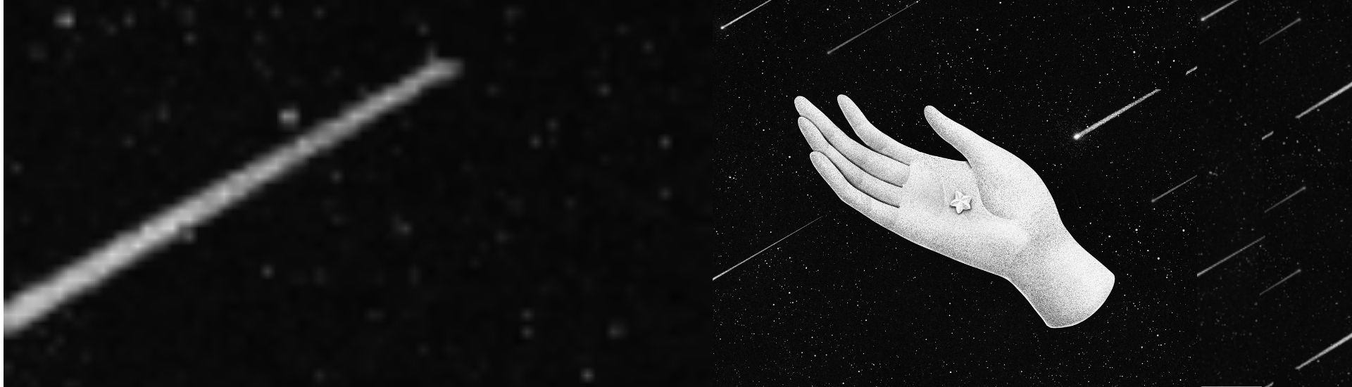 Ilustración de una mano sosteniendo una estrella en medio de un cielo oscuro lleno de estrellas