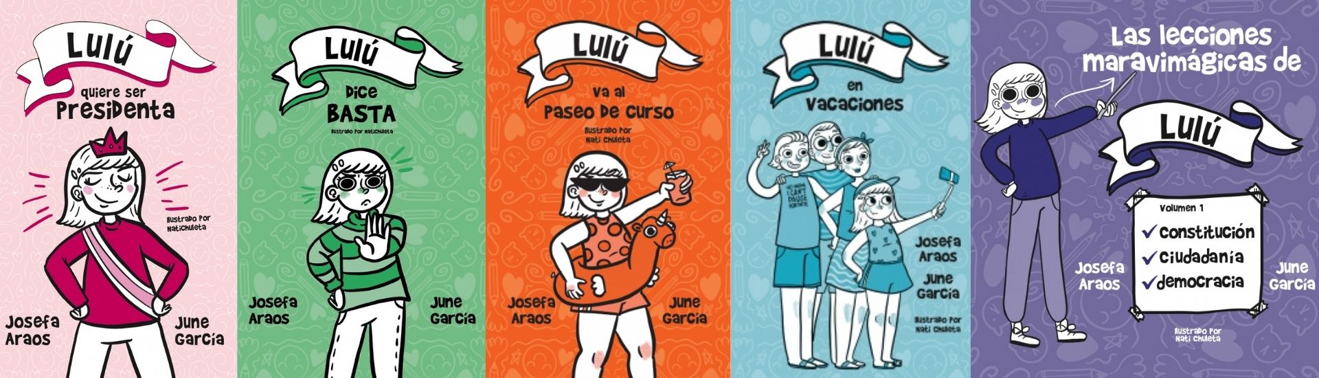 El mundo de Lulú, en la imagen se ven 5 ejemplares de la saga en todos rosados, verdes, naranjo, celeste y morado; de izquierda a derecha