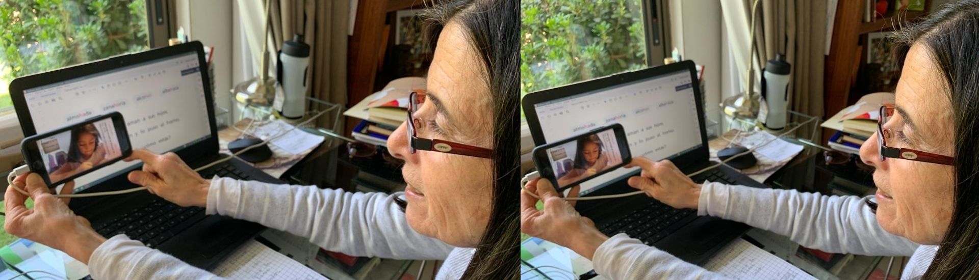Imagen de la profesora Anita durante clases de lectoescritura en línea con Valentina