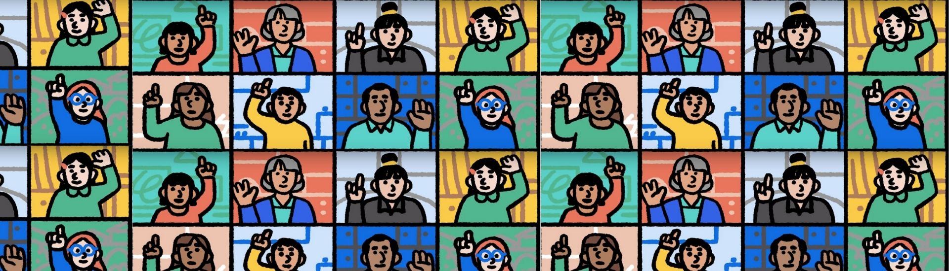 Ilustración de varios estudiantes levantando la mano en una intervención de zoom