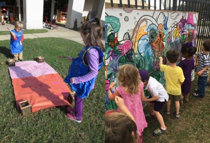 Niños creando arte en el patio
