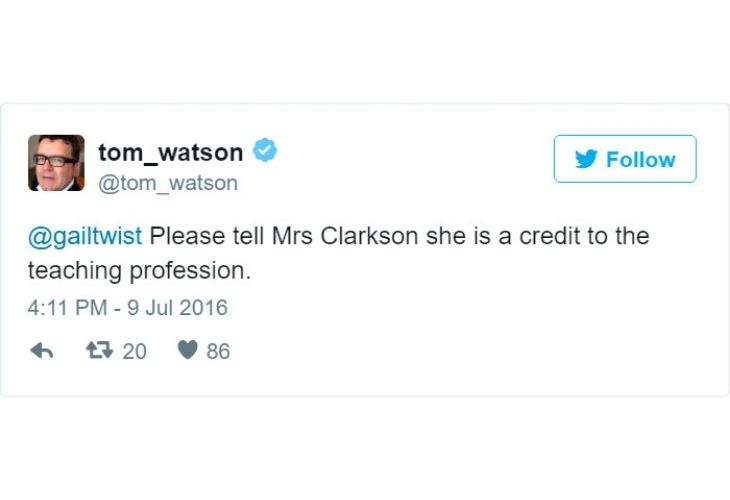 Tom Watson_ Por favor dile Mrs. Clarkson que ella le da crédito a la profesión docente.