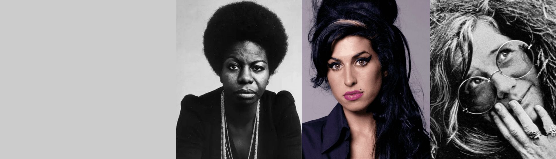 En la imagen aparece a fotografía de tres cantantes, Janis Joplin, Nina Simone y Amy Winehouse