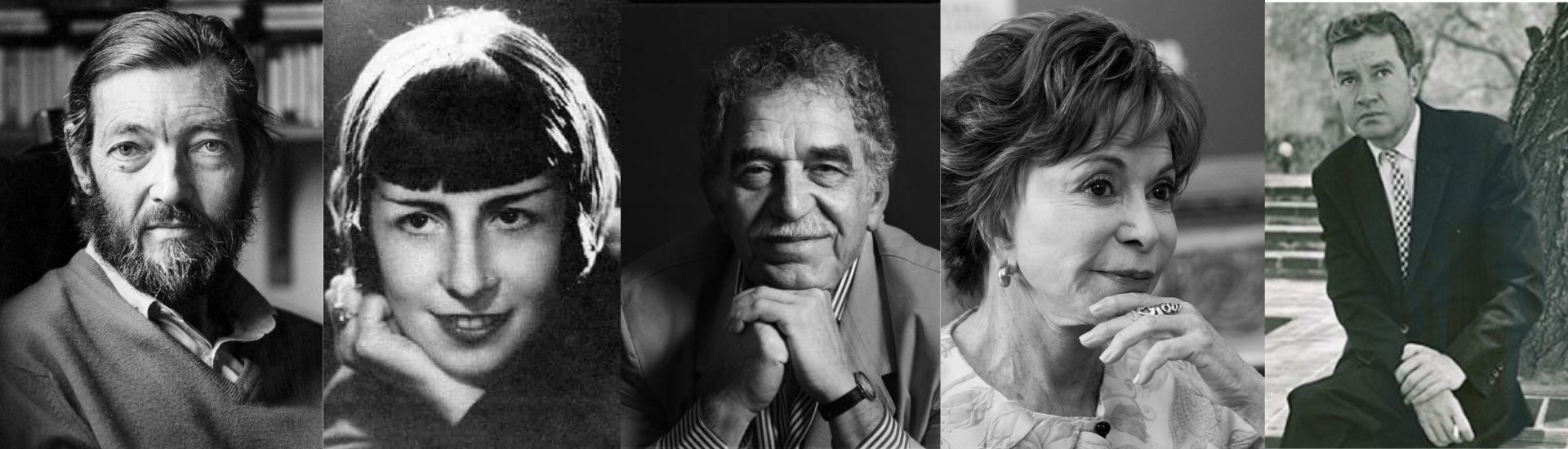 En la imagen se puede apreciar 5 fotos de los escritores y escritoras latinoamericanos, todas en un primer plano y en blanco y negro.