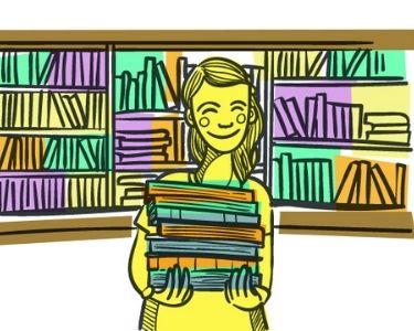 Ilustración de docente con libros