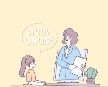 Ilustración de una profesora que sale por la pantalla, mientras una estudiante está en su escritorio. Crédito: Freepik.