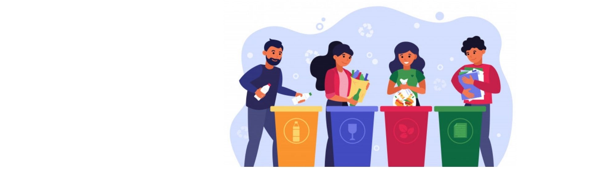 En la imagen se ven cuatro personas reciclando y aprendiendo a separar residuos