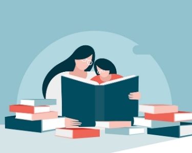 Ilustración de una madre con su hijo, leyendo un libro, rodeados de un círculo de libros.