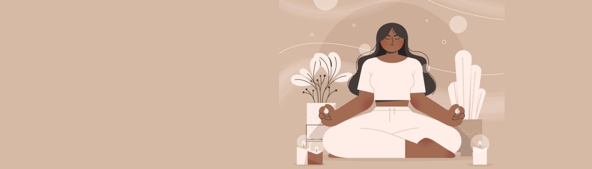En la imagen se ve una ilustración de una mujer sentada en posición de yoga mientras medita y se relaja