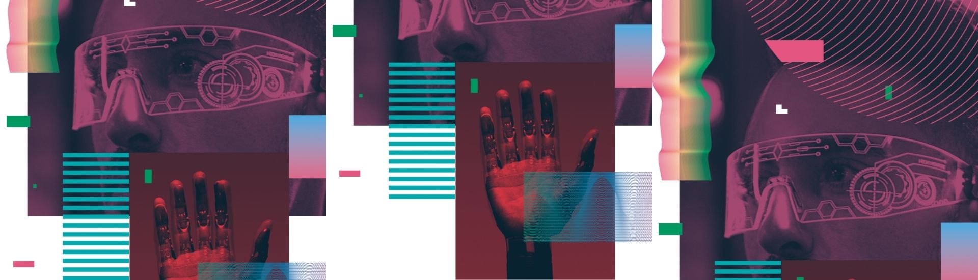 Imagen tipo collage donde se puede ver la mano de un robot, unos lentes inteligentes y piezas tecnológicas. Pieza cortesía de Fundación VTR