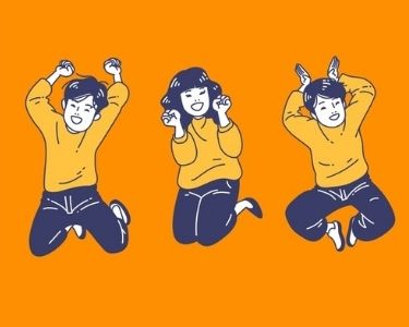 Ilustración de tres estudiantes con hiperactividad y saltando