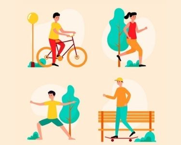 En la ilustración aparecen cuatro personas llevando a cabo diferentes actividades de verano, como andar en bicicleta, pasear, hacer ejercicio, entre otras.