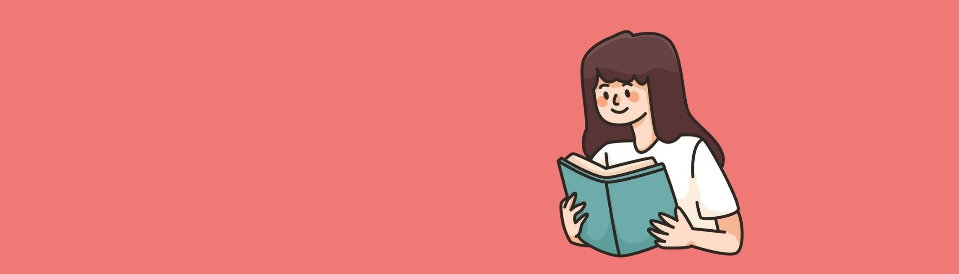 Ilustración de una mujer con un libro en la mano, mientras lo lee en un fondo rosado.