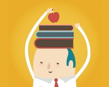 Ilustracion de un profesor con tres libros en la cabeza y una manzana.