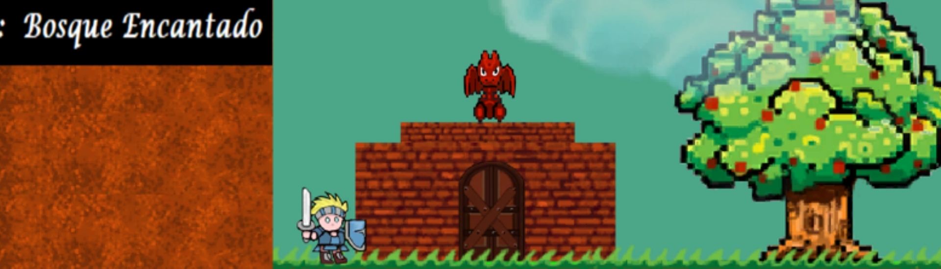 Imagen de un videojuego de fomento lector realizado por Eduardo Arraigada. En la imagen se ve un castillo y un arbol en 2D.