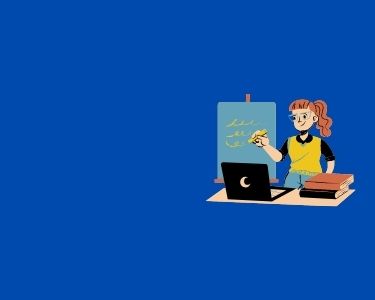Ilustración de una profesora joven, dando clases a través de un computador y con pizarra. Ilustración de Canva.