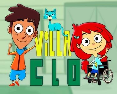 Ilustración donde se ve a los personajes de la serie Villa Clo: Santi, Cata y Clotaria, la gata. Serie infantil de CTV Infantil