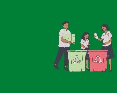ilustración donde se ve una niña reciclando con su profesor y profesora. Sacado de Canva.