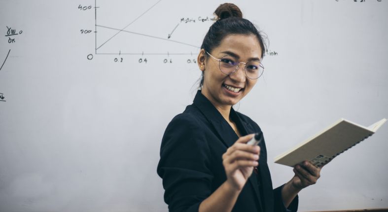profesora frente a la pizarra enseñando matemáticas. Imagen de Canva